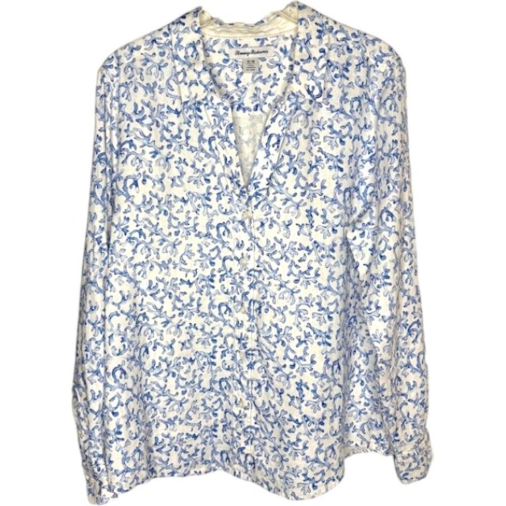 Tommy Bahama 100% Linen Split Neck Shirt Coral Print - Blue/White - M